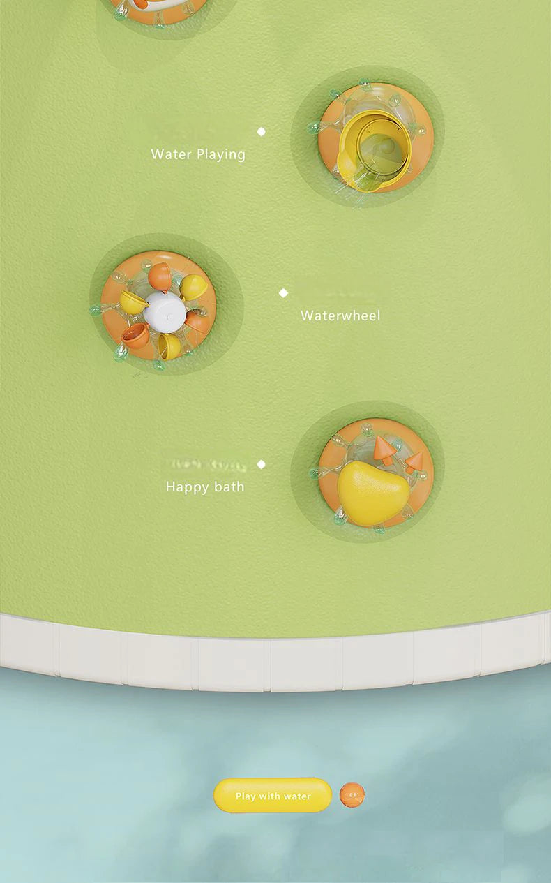 Children’s spinning bath toys set with duck and elephant design for fun water play and sensory learning.