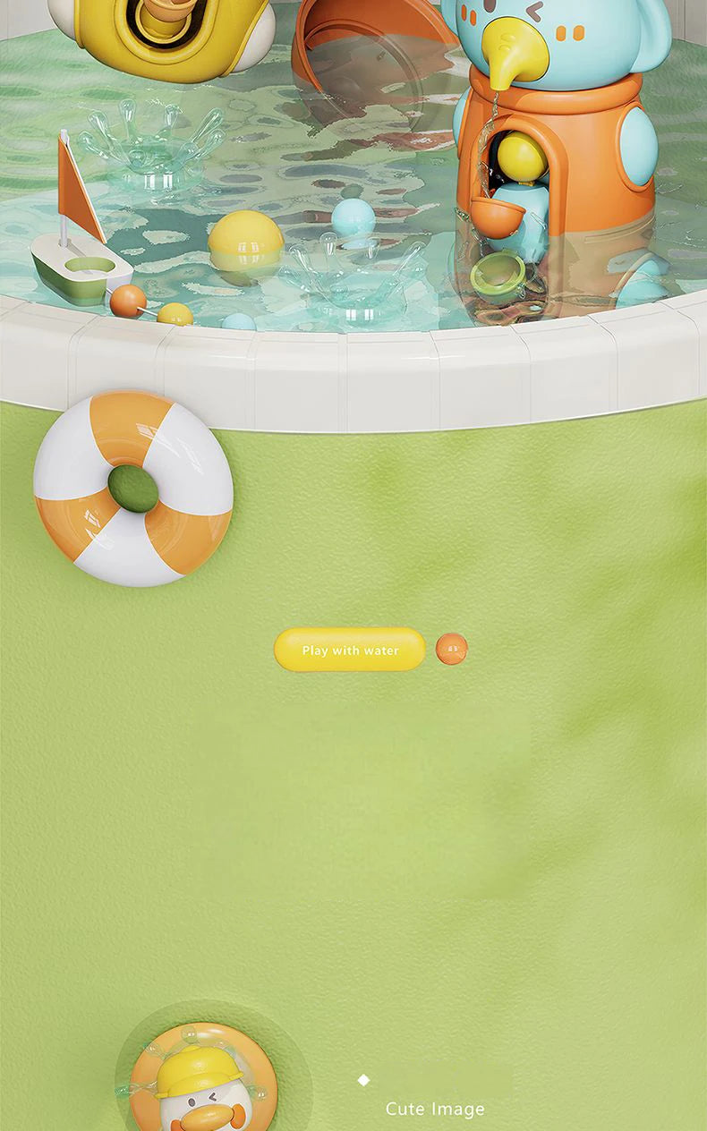 Children’s spinning bath toys set with duck and elephant design for fun water play and sensory learning.