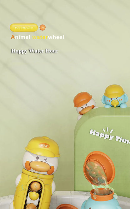 Children’s spinning bath toys set with duck and elephant design for fun water play and sensory learning.
