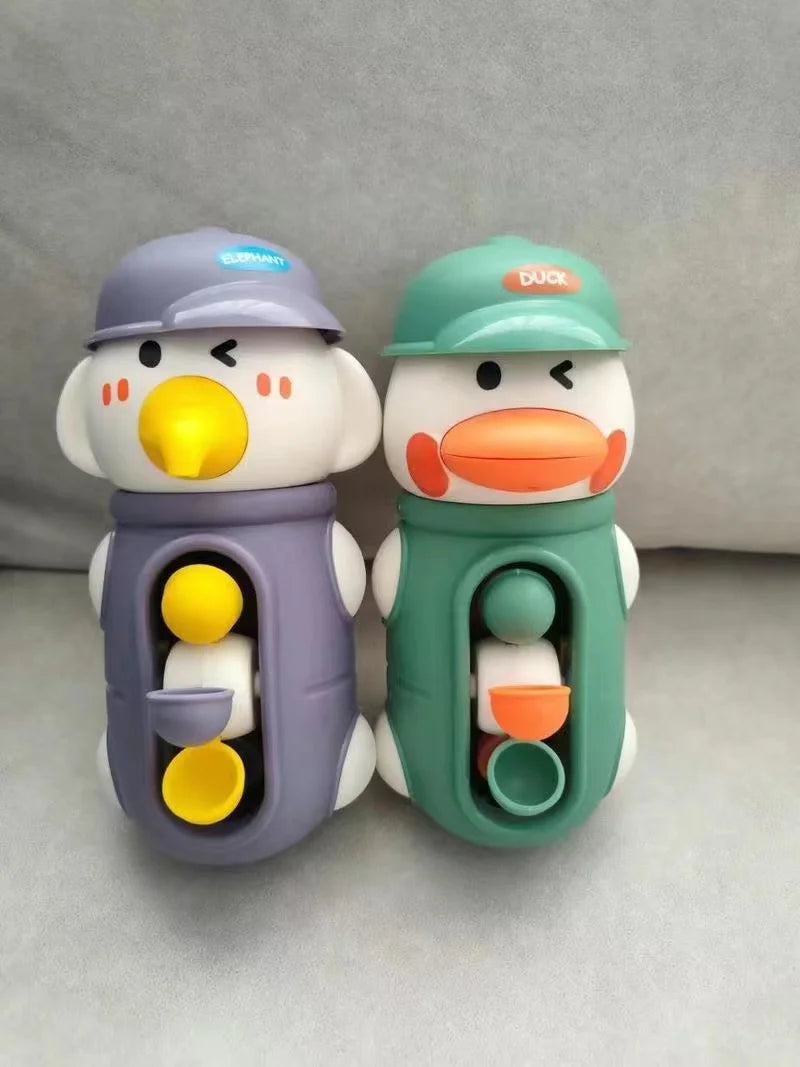 Children’s spinning bath toys set with duck and elephant design for fun water play and sensory learning.