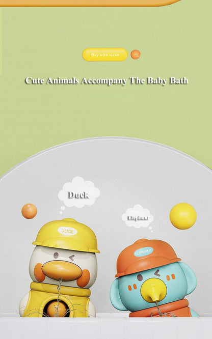 Children’s spinning bath toys set with duck and elephant design for fun water play and sensory learning.